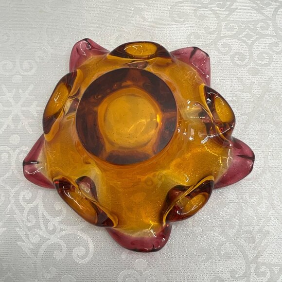 Murano-Style Hand-Blown Glass Amber & Purple Art Ashtray Bowl - Picture 5 of 6